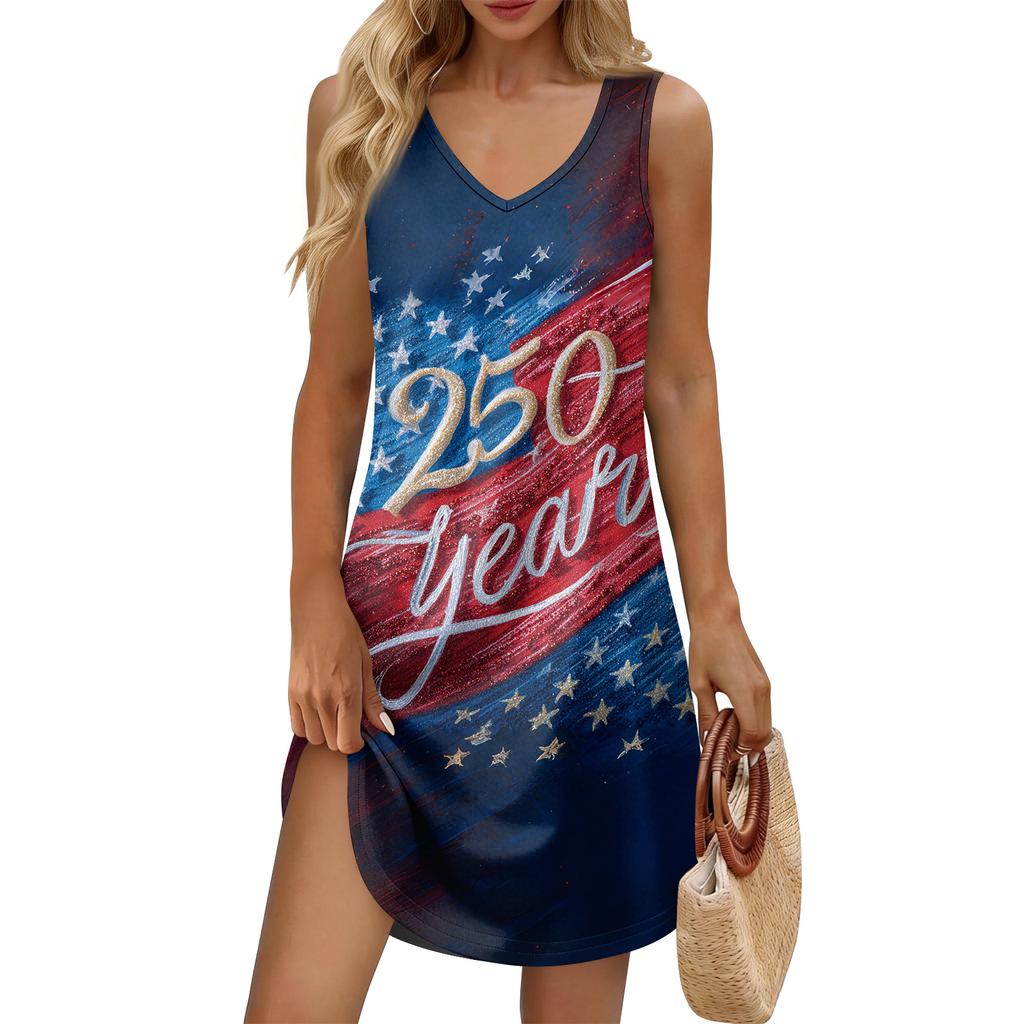 Damen Sommer Lässiger Sonnenschutzrock Mit Tasche V-Ausschnitt Unabhängigkeitstag Bedrucktes Lockeres Westenkleid