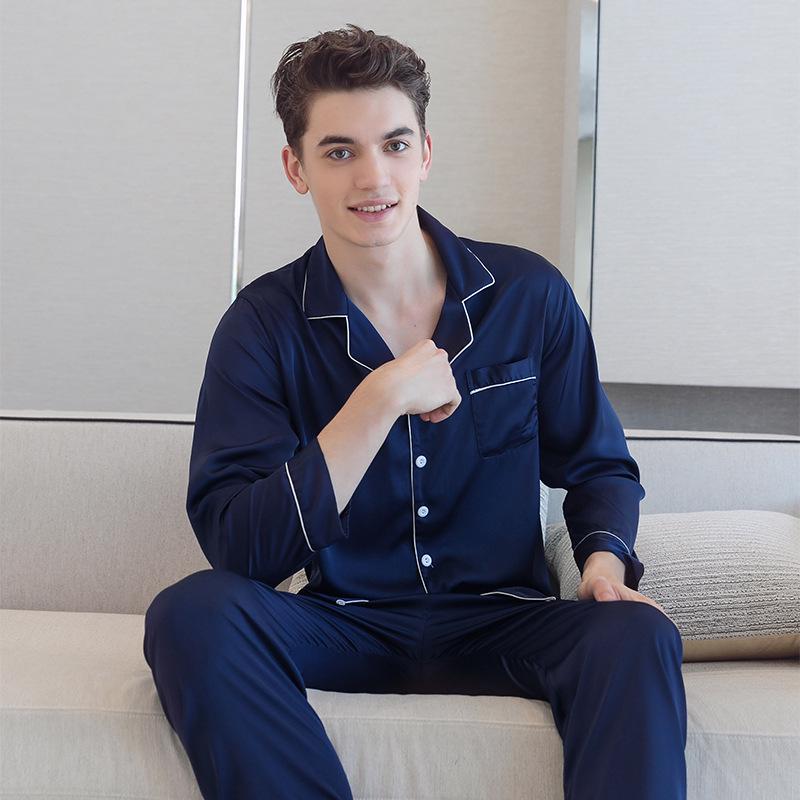 Ice Silk Couple Pajamas: Women's Long Sleeve Two-Piece Set, Spring/Autumn, Thin Style, Plus Size, Stylish Men's Home Wear