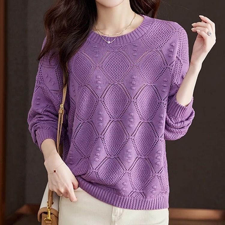 Camiseta Base Fina de Primavera Top Camiseta Base de Primavera y Otoño Holgada Primavera Calado Manga Larga Tejido de Punto Mujer