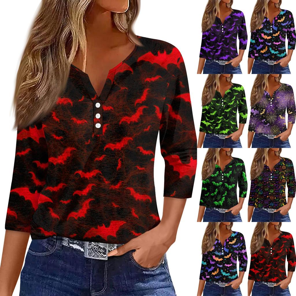 Maglietta da donna con stampa e bottoni, manica 3/4, moda da fine settimana, scollo a V, base, regolare