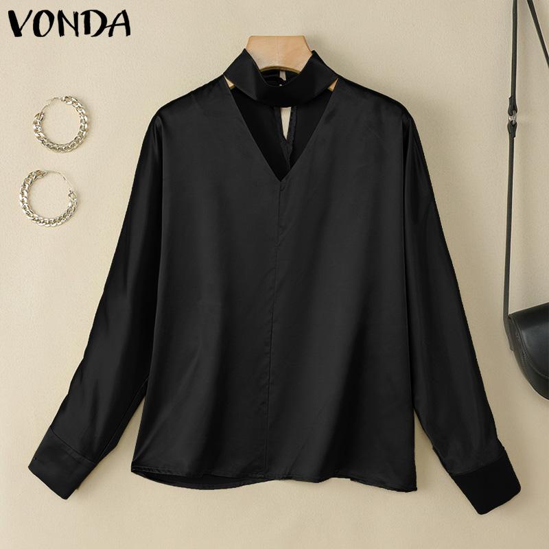 

VONDA Женский чокер V-образный вырез длинный рукав свободная атласная повседневная свободная блузка 3XL