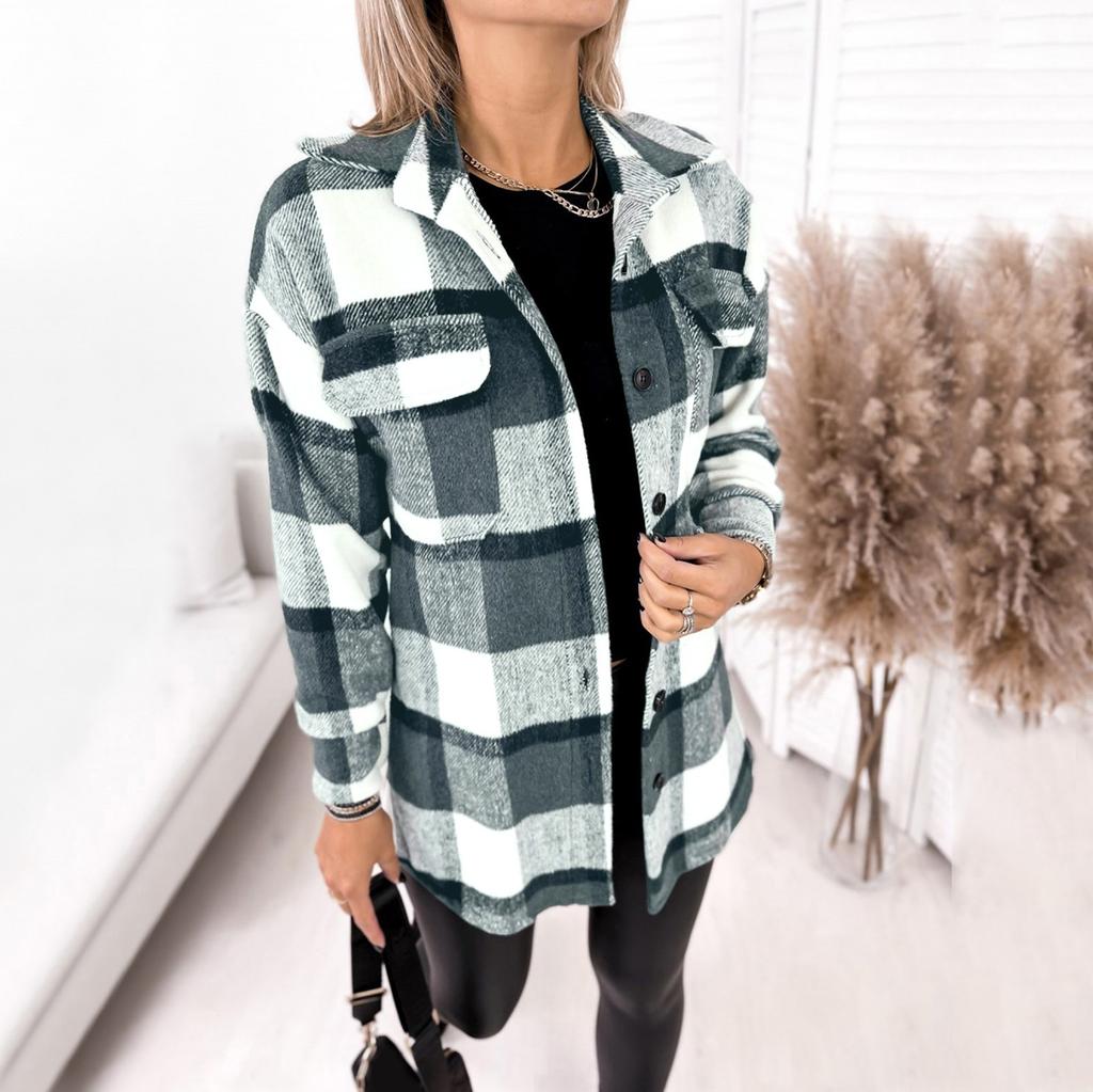 Women's Brushed Plaid Shirts Long Sleeve Flannel Lapel Button Down Pocketed Shacket Jacket Coats