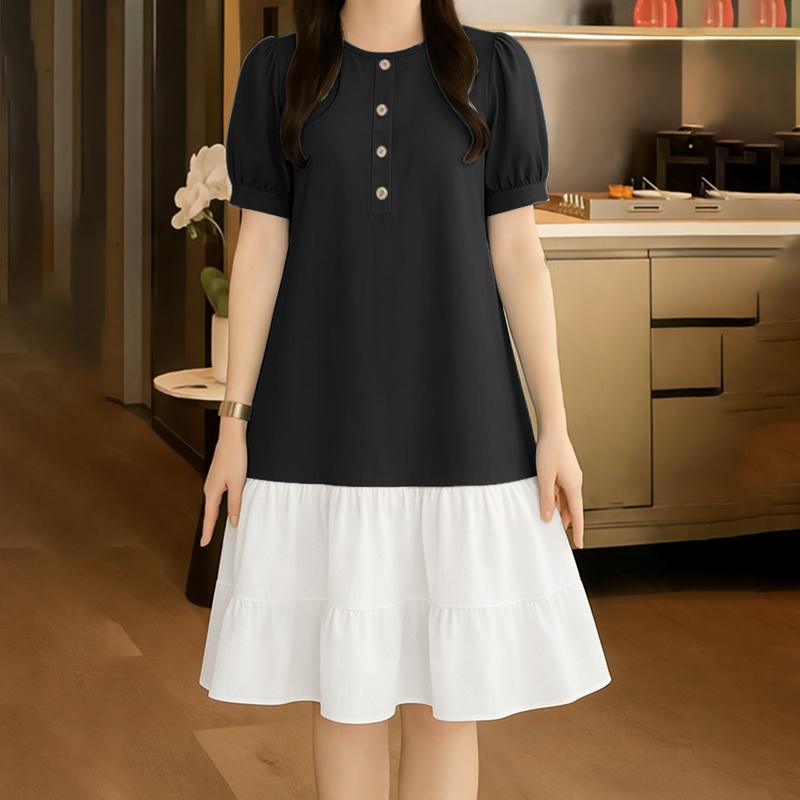 ZANZEA Women Casual Round Neck Loose Short Sleeve Splice Dress