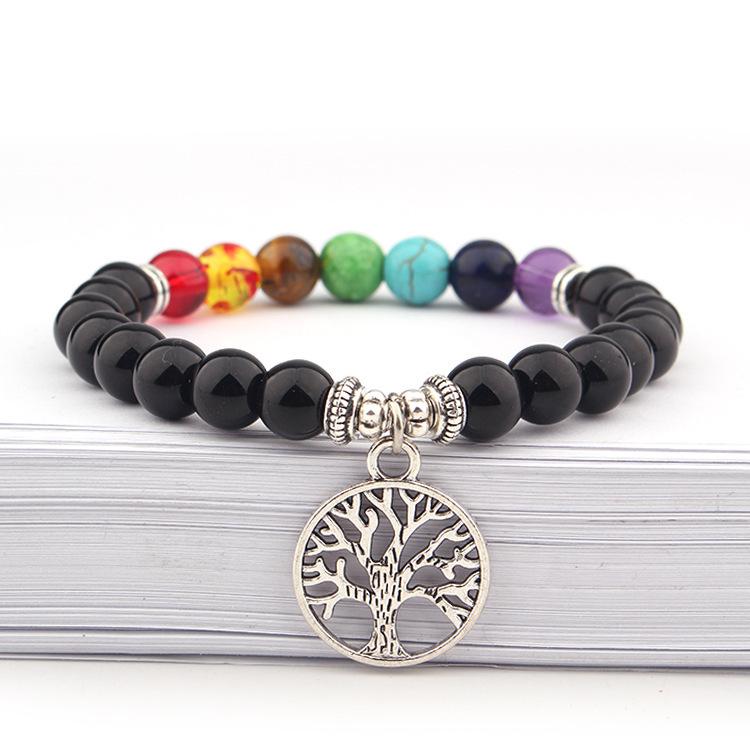8MM Volcanic Stone Tree of Life Yoga Bracelet with Seven-Color Rainbow Beads