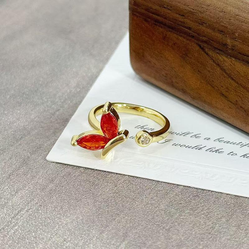 Medieval Vintage Orange Red Zircon Inlaid Simple Open Ring Female Retro Flower Temperament Niche Index Finger Ring
