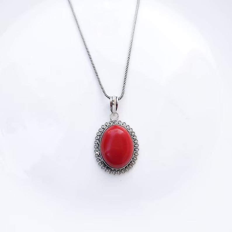 Φυσικό Κόκκινο Κοράλλι Κρεμαστό Πετράδι Ασημένιο 925 Κρεμαστό με Αλυσίδα Κολιέ