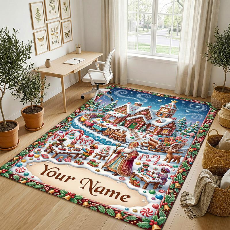 Christmas Theme Crystal Velvet Rug Personalized Custom Name Text Soft Floor Mat Home Decor