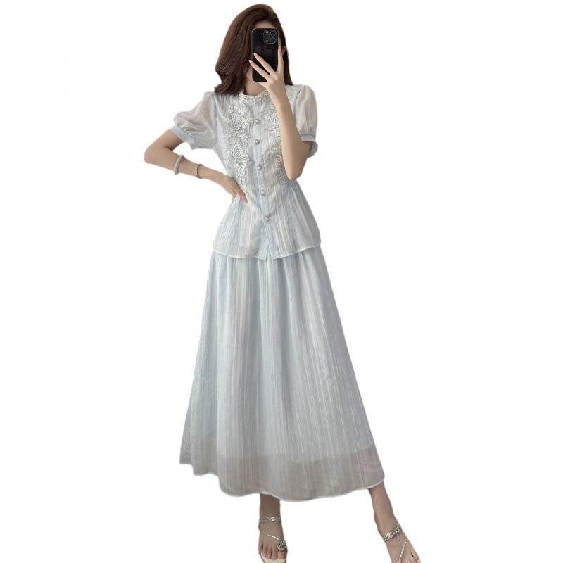 2026 Chic Light Blue Embroidered Top & High-Waisted Skirt Set