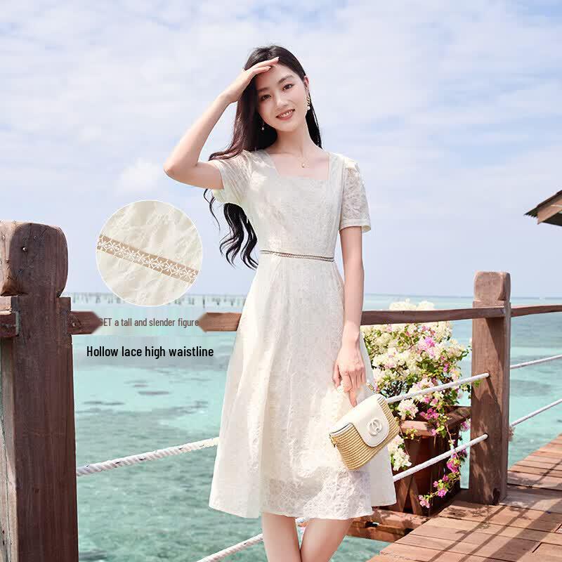 Women's French Square Neck Puff Sleeve Hollow-Out Midi Dress