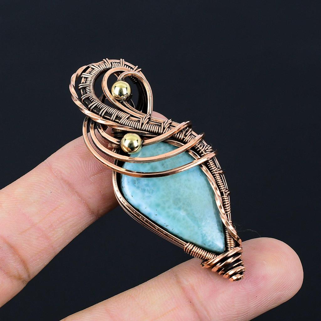 Beautiful Larimar Gemstone Handmade Pure Copper Wire Wrapped Pendant Jewelry