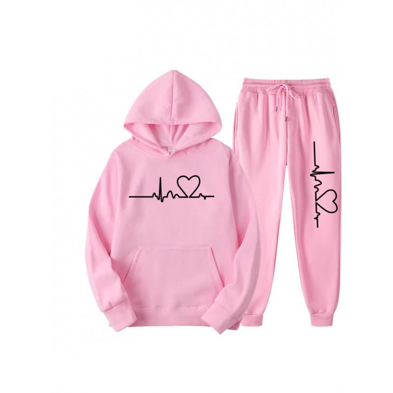 Unisex Heart Pattern Velvet Hoodie Set for Autumn/Winter