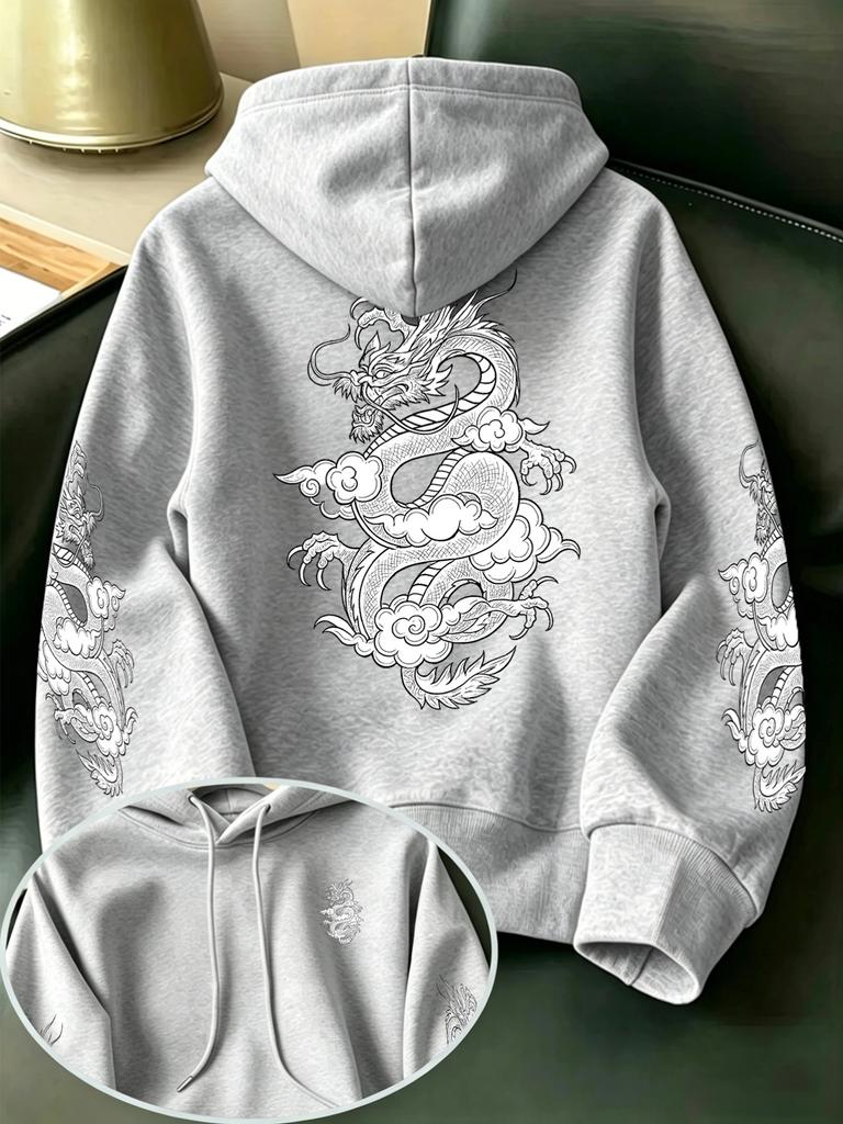 Men's Auspicious Cloud and White Dragon Ink Painting Print Hooded Sweatshirt, Retro Japanese Traditional Ukiyo-e Style Pullover
