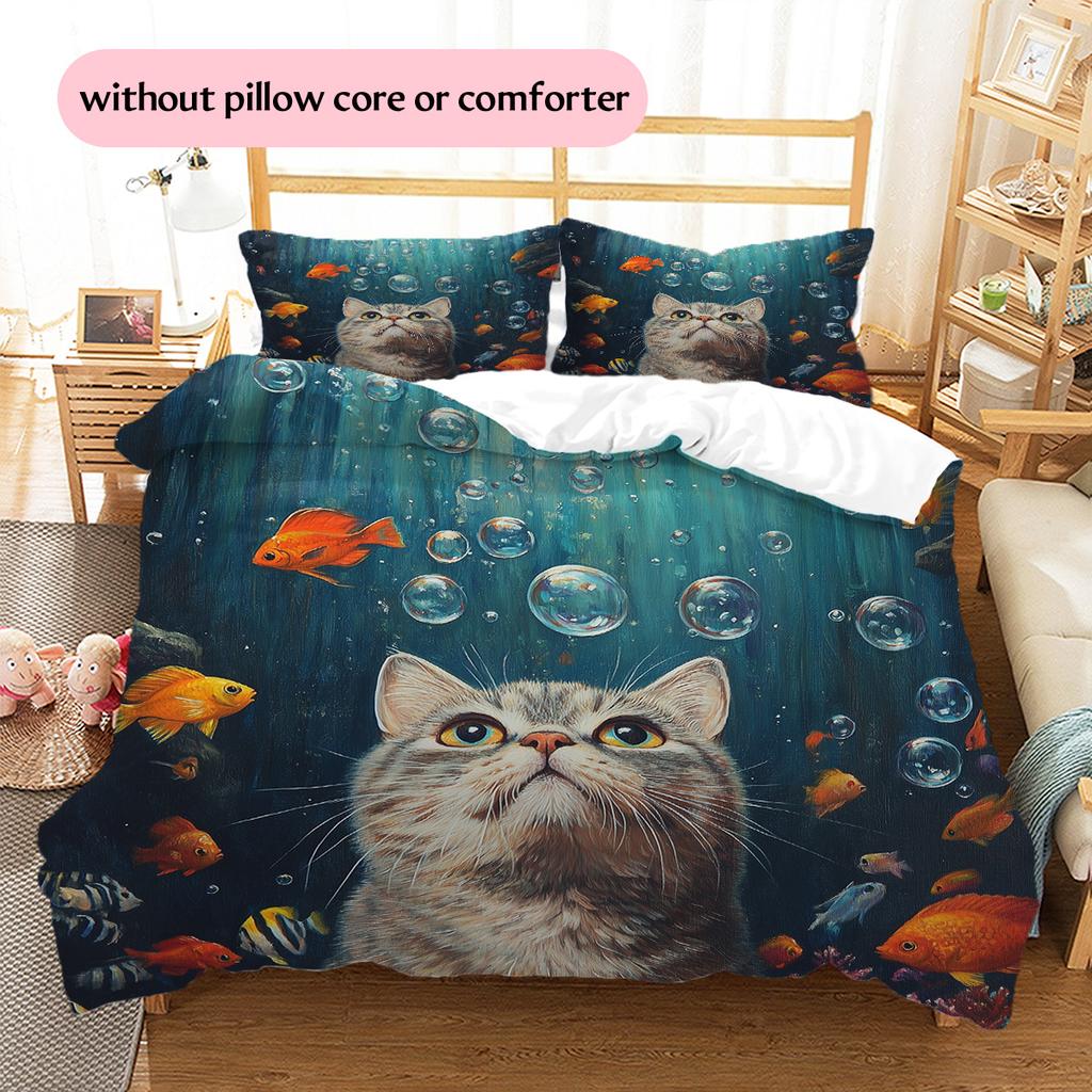 Bubble Cat Pattern Bedding Quilt Set Quilt Cover Pillowcase Home Decoration Gift (1 * duvet cover + 2 * pillowcase, without core)