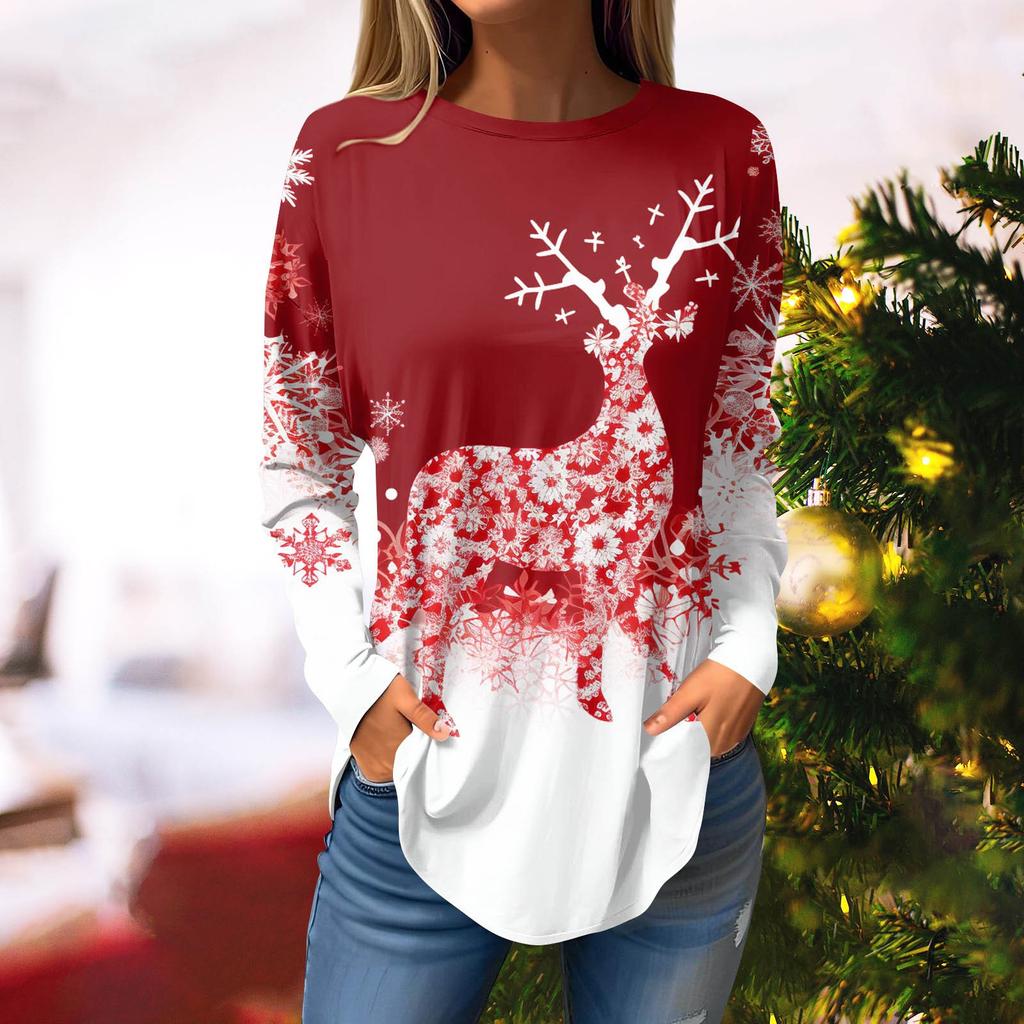 Γυναικείο T-shirt με 3D στάμπα χιονονιφάδας χριστουγεννιάτικου δέντρου, στρογγυλή λαιμόκοψη, μακρυμάνικο, casual μακρυμάνικο τοπ