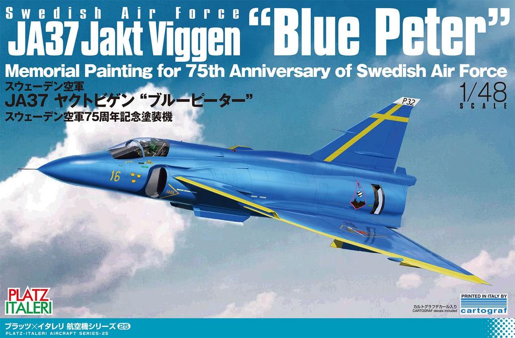 PLATZ/Italeri 1/48 Scale Swedish Air Force JA37 Jaktviggen Blue Peter (Swedish Air Force 75th Anniversary Painted Aircraft) Plastic Model Kit TPA-25