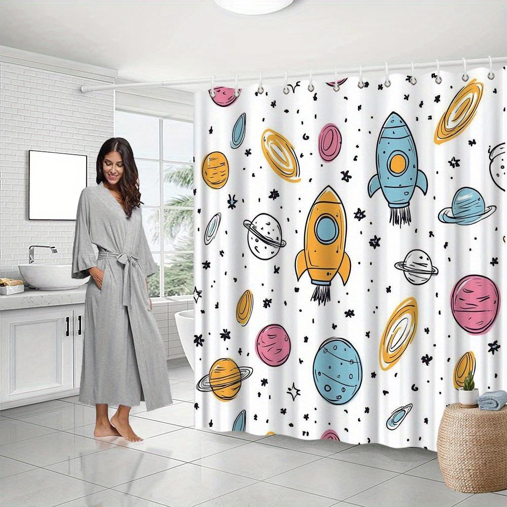 Space-Themed Shower Curtain, Celestial Bodies & Rockets Design, Fade-Resistant Polyester, Machine Washable, Fun Bath Decor
