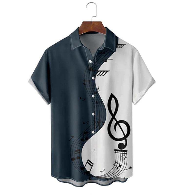 Camicia da Uomo a Maniche Corte con Stampa Note Musicali, Splicing Bicolore Leggera Estiva Casual Button Down