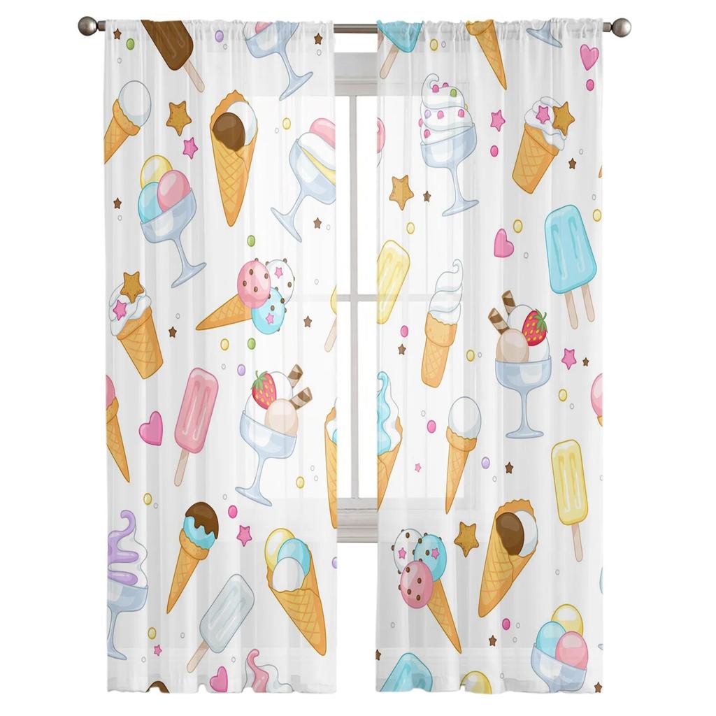 Lody Cartoon Food tiulowe zasłony do sypialni przedpokój wystrój salonu szyfonowa zasłona na balkon kuchnia domowe zasłony