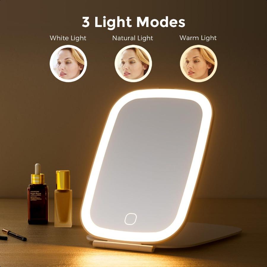 Travel Makeup Mirror Rechargeable Portable Mirror with Lights 3 Color Lighting 7.5 Inch Ultra Thin and Lightweight LED Folding