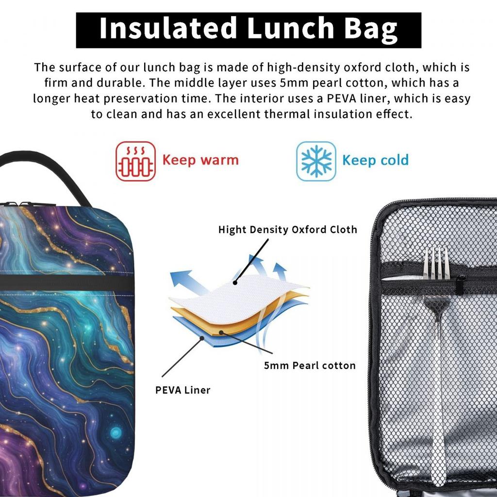 Blue Purple Gilded Luxury Gold Marble Insulated Lunch Bag for Women Cooler Thermal Food Box Tote Portable Lunch Boxes Container