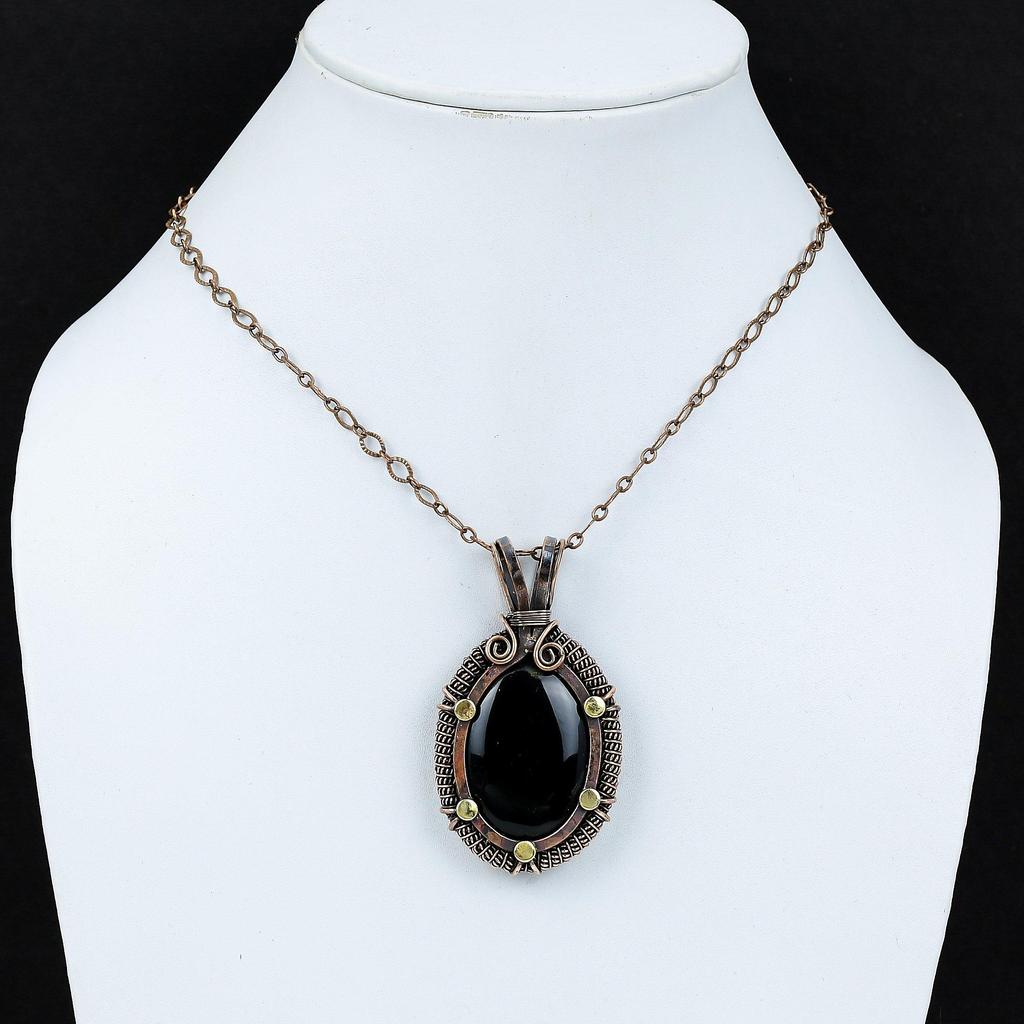 Black Onyx Gemstone Pure Copper Wire Wrapped Handmade Jewelry Pendant For Gift