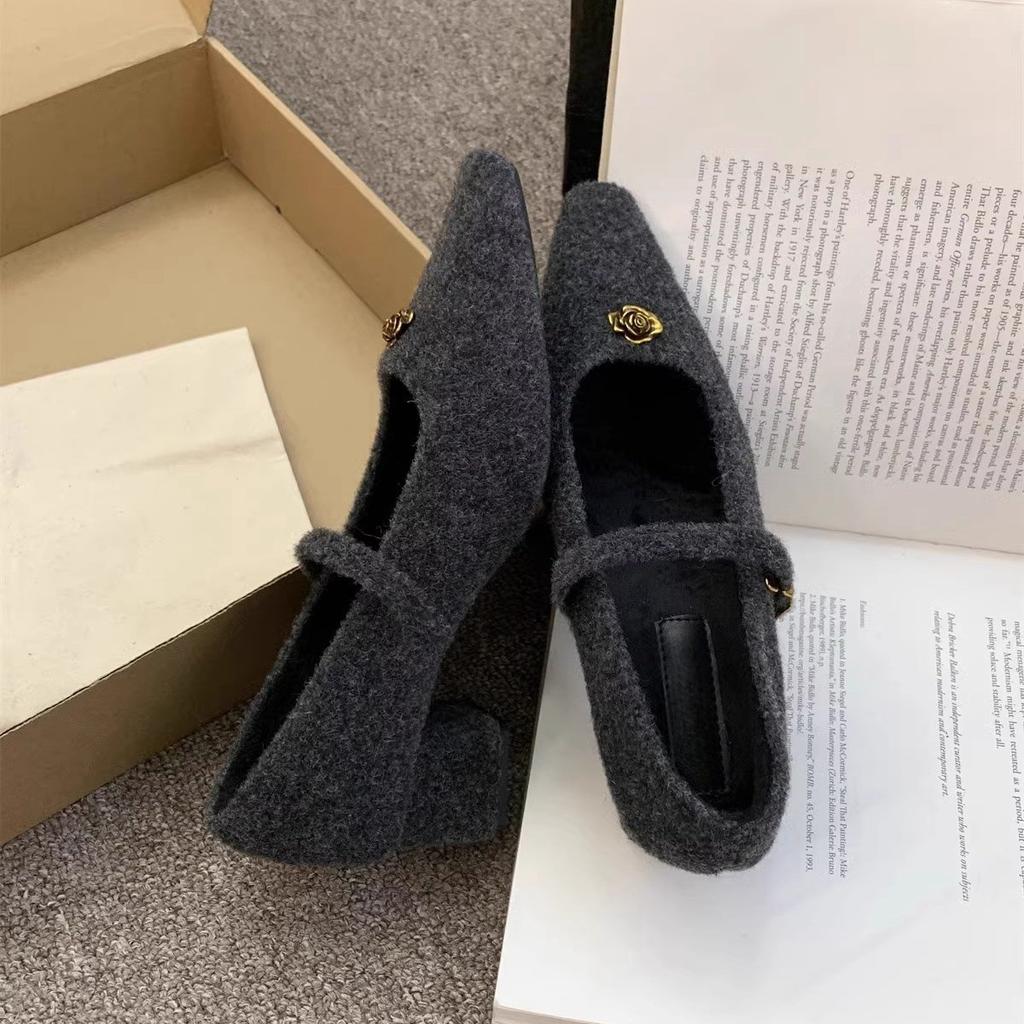 Gray Fluffy Shoes Women Wear New Winter French Fairy Fleece Single Shoes Thick Heel Mary Jane High Heels