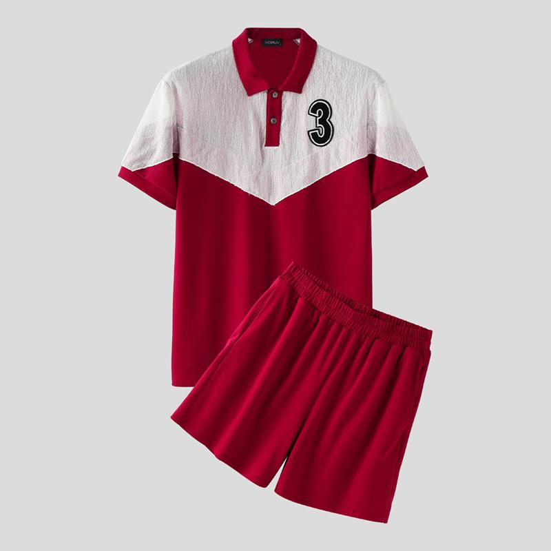 

INCERUN Summer Men 2PCS Sets Mesh Patchwork Short Sleeves Tops Shorts Pants Outfits M