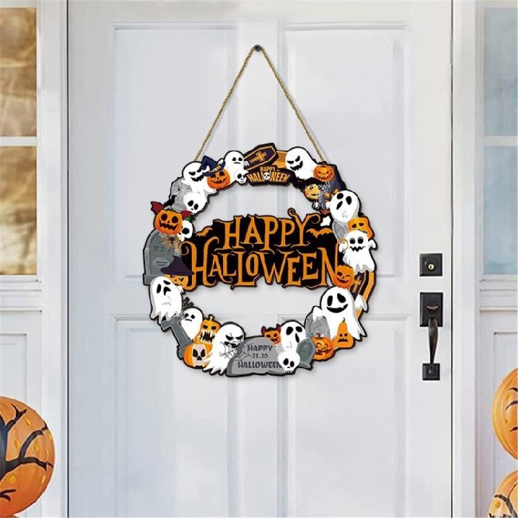 Halloween Türschild Dekoration Hängend Holz Wanddekoration Rustikal Haustür Hänger für Zuhause Zimmer Innen Außen Feiertag