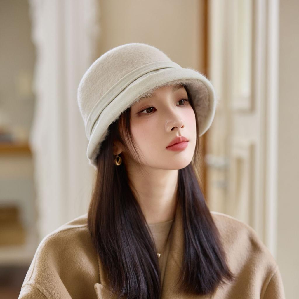 Bucket Hat Women's Autumn and Winter Ear Protection Warm Basin Hat Retro Elegant Top Hat