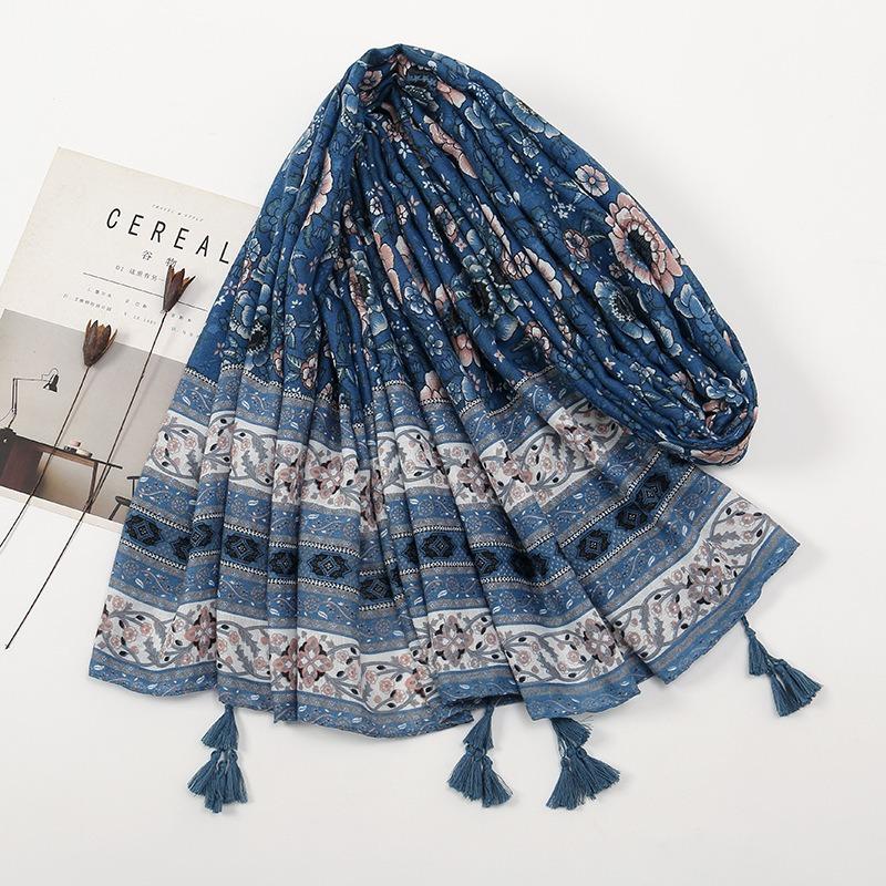 Spring and Autumn New Bali Yarn Tassel Retro Printed Geometric Scarf Versatile Fashion Travel Sunscreen Shawl Silk Scarf Women