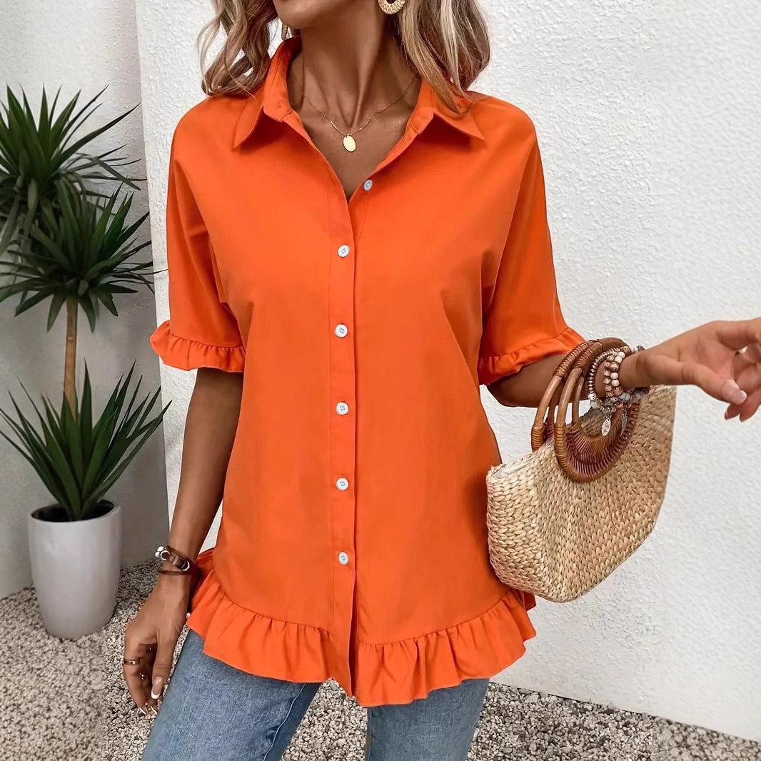 Women s Fashion V-neck Short-sleeved Color Loose Ruffled Hem Cardigan Shirt Top L