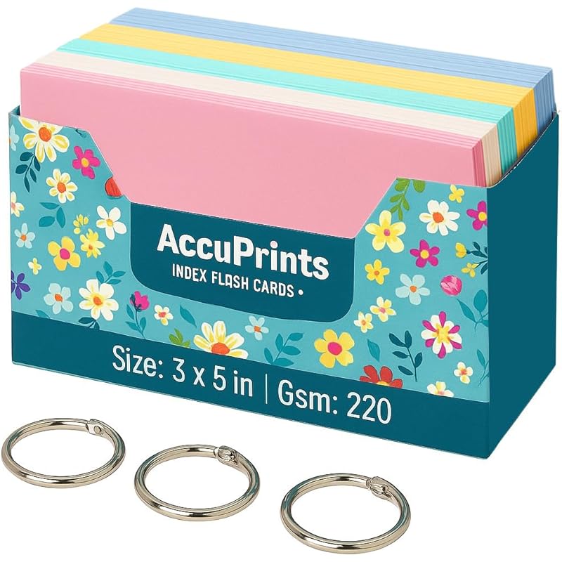 Accuprints 200 Coloured Index Flash Cards Tray - 5 Colours - 3X5 Inch - 200 Cards - Free Binder Rings - 200 Gsm Thick (U