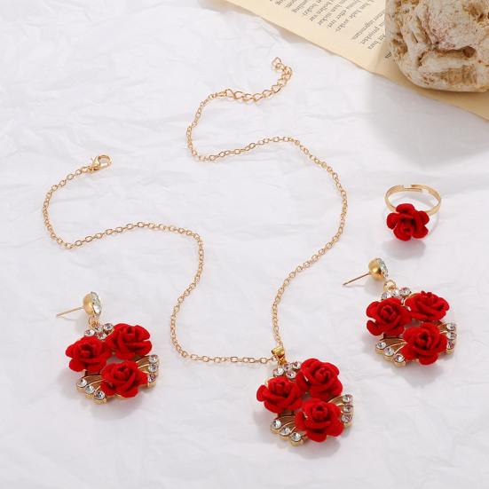 1 Set Red Rose Wedding Jewelry Brides Bridesmaids Vintage Necklace Earrings Open Ring Set Rose Rhinestone Jewelry Set Gift