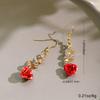 Red Rose Earrings for Women, Golden-Tone Metal Dangle Jewelry Elegant Daily Wear Party Gift