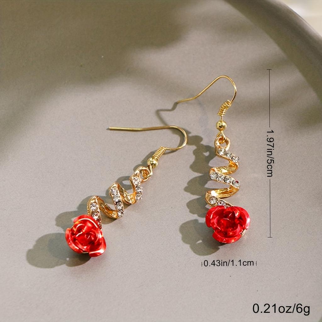 Red Rose Earrings for Women, Golden-Tone Metal Dangle Jewelry Elegant Daily Wear Party Gift