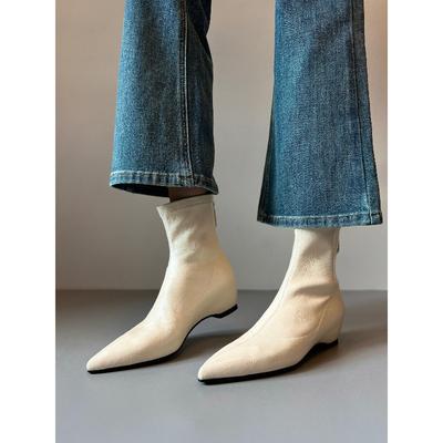 Sheepskin Version~ Genuine Leather Retro Pointed Inner Height-increasing Boots Elastic Thin Boots Women's New Versatile Short Boots Martin Boots