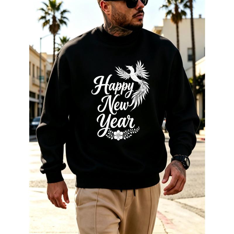 Men's Graphic Print Crew Neck Sweatshirt With Happy New Year Phoenix Bird Floral, Loose Fit Streetwear.