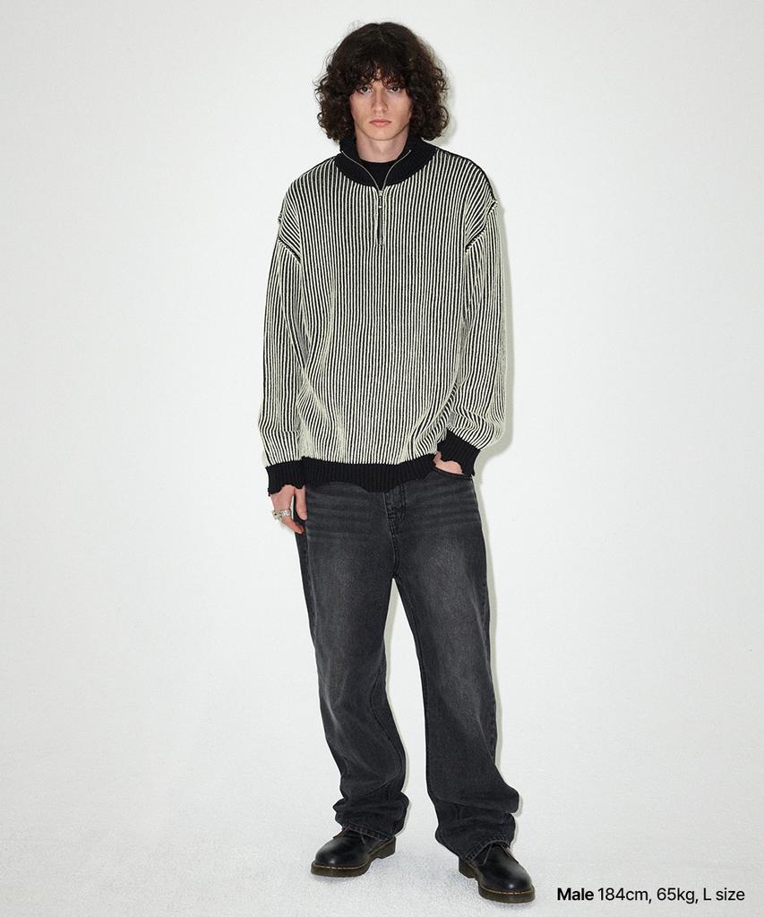 MAHAGRID Cutting Contrast Half Zip-Up Knit Ivory(Mg2Efmk641A)