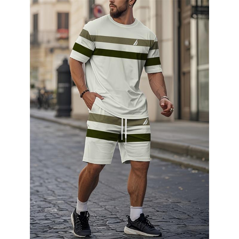 Ensemble Deux Pièces Homme Casual Été 2025 T-shirt Manches Courtes Imprimé Rayures Ensemble Short de Sport Ensemble Fitness