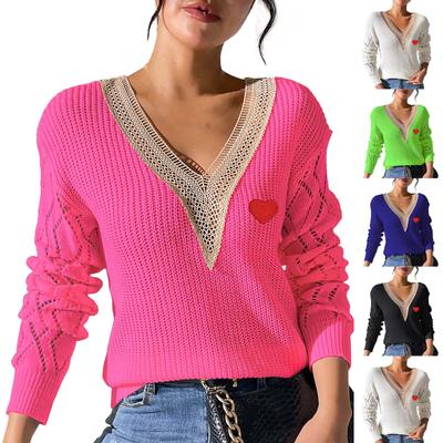 Women's Loose Casual Lace V Neck Long Sleeved Knitted Pullover Sweater Top Sweater Top