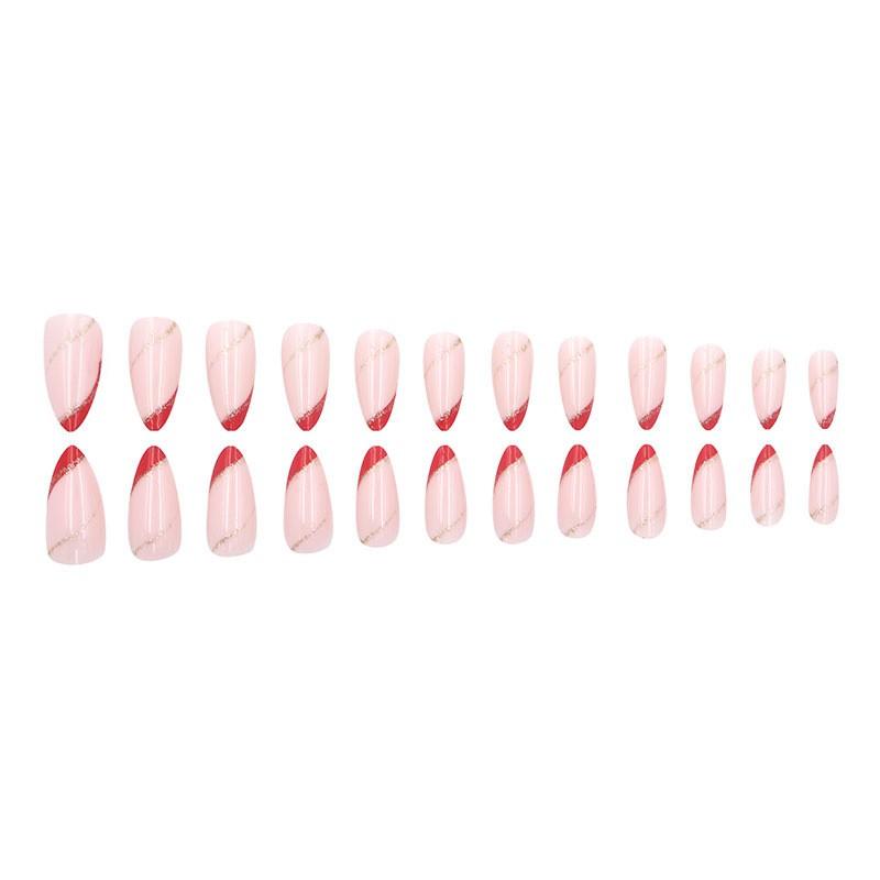 French Style Medium Length Press On Nails Gold Stripes Red Accents Ins Students