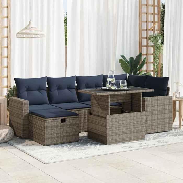VidaXL Salon de jardin avec coussins 7pcs gris résine tressée acacia, ensemble de canapés d'extérieur, salon de jardin, 3327821