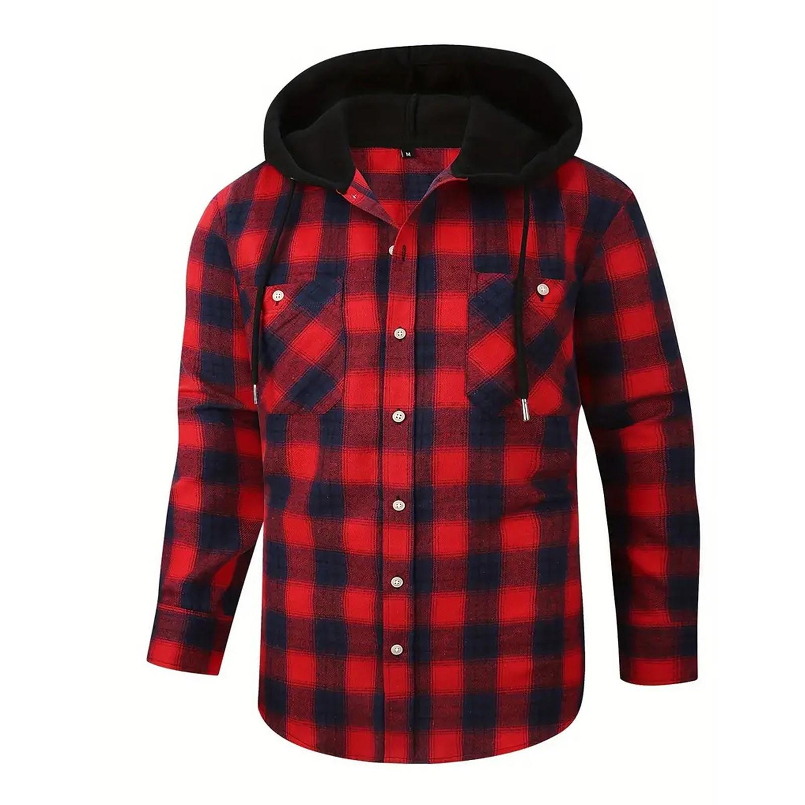 

Мужская клетчатая рубашка с длинным рукавом, мужская толстовка с капюшоном и карманами на пуговицах XXL тёмно-синий