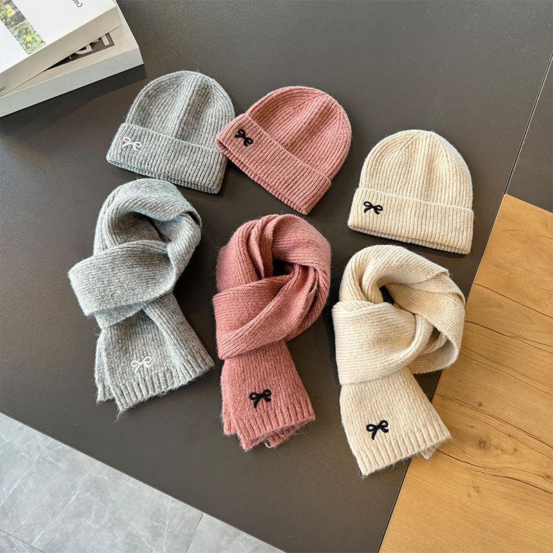 Autumn Winter Cute Bow Embroidered Knitted Cap And Scarf 2-Piece Set For Children