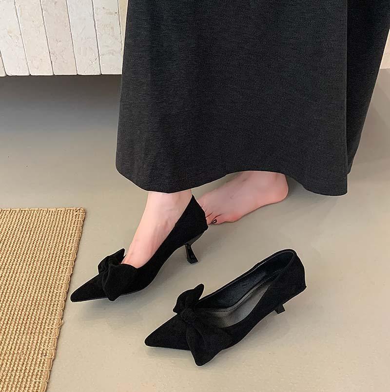 2025 Autumn New Pointed Suede Bow Retro High Heels Women's Fashion Thin Heel Commuter Shoes