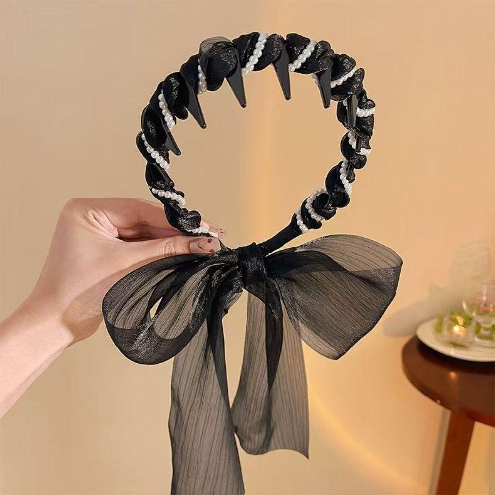 U Shape Satin Fabric Hair Bands Adjustable High Top Headpiece Non Slip Pearl Hair Band Tooth Comb Fabric Ribbon Hair Hoop