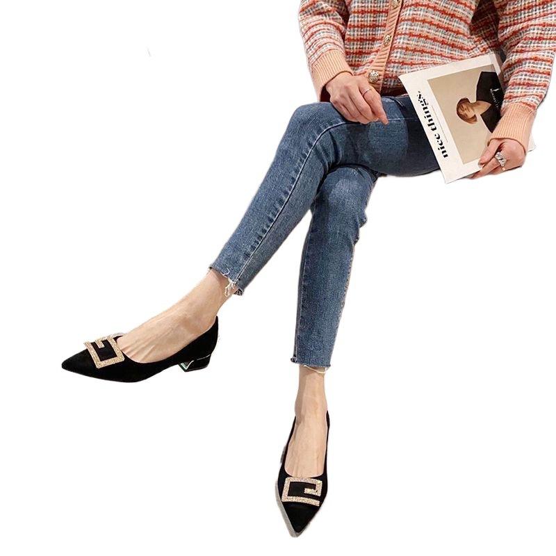 2025 spring and autumn new pointed tip shallow mouth single shoes women's season thick heel rhinestone metal buckle versatile soft leather flat 