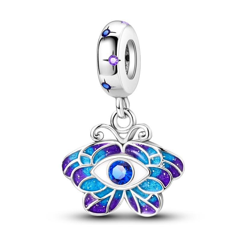 Sky Blue Color Decorative Charms Bead Elements Genuine Copper Butterflies Flower Moon Pendant Piece Suitable For Authentic Bracelet Style Jewelry