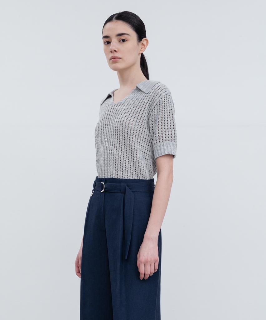 RE RHEE Knitted Short Sleeves Collared Top Ms