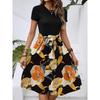 Women's Fashionable Retro Patterned Printing Color Blocked Belt Casual Dress